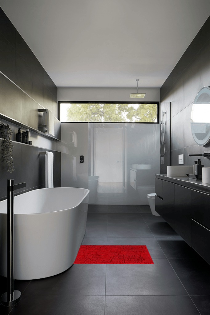 BOANKODU Bathroom Rugs Sets 2 Piece, Extra Soft Chenille Bath Mat Absorbent Bathroom Rug, Bathroom Mat with Sturdy PVC Non-Slip Bottom, Machine Washable Bath Rugs (32x20 Inch + 24x16 Inch, Red) in Black Modern Bathroom