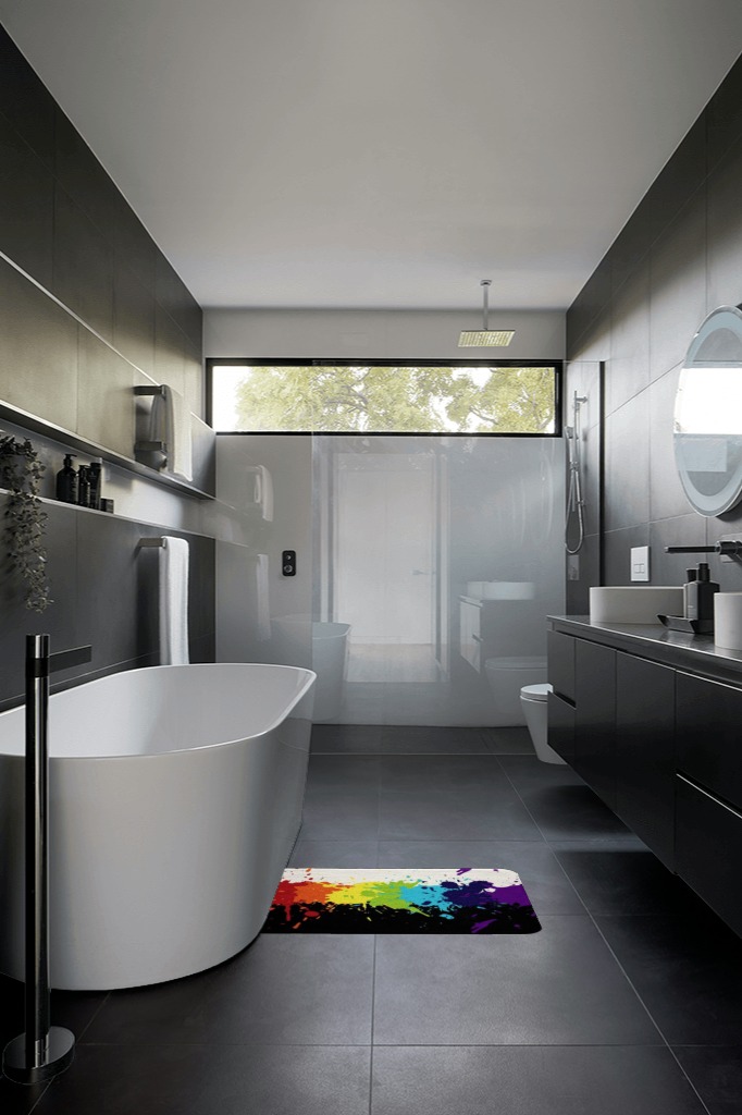 Rainbow Tie Dye Rugs,Colorful Splash Paint Fluffy Rugs for Bedroom Multicolor Grafitti Durable Indoor Entry Rug Luxury,Modern Abstract Non Slip Bathroom Carpet Black White 18x30 inches in Black Modern Bathroom