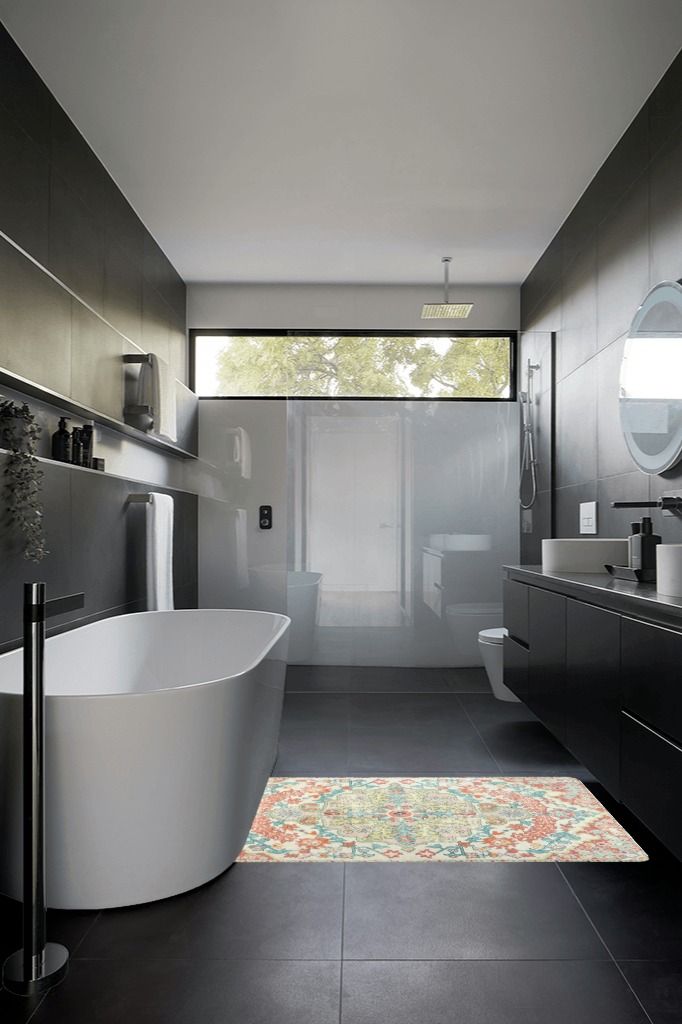Lahome Bohemian Floral Medallion Area Rug in Black Modern Bathroom