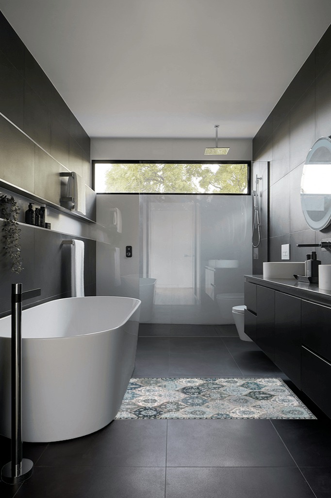 Lahome Moroccan Trellis Area Rug in Black Modern Bathroom