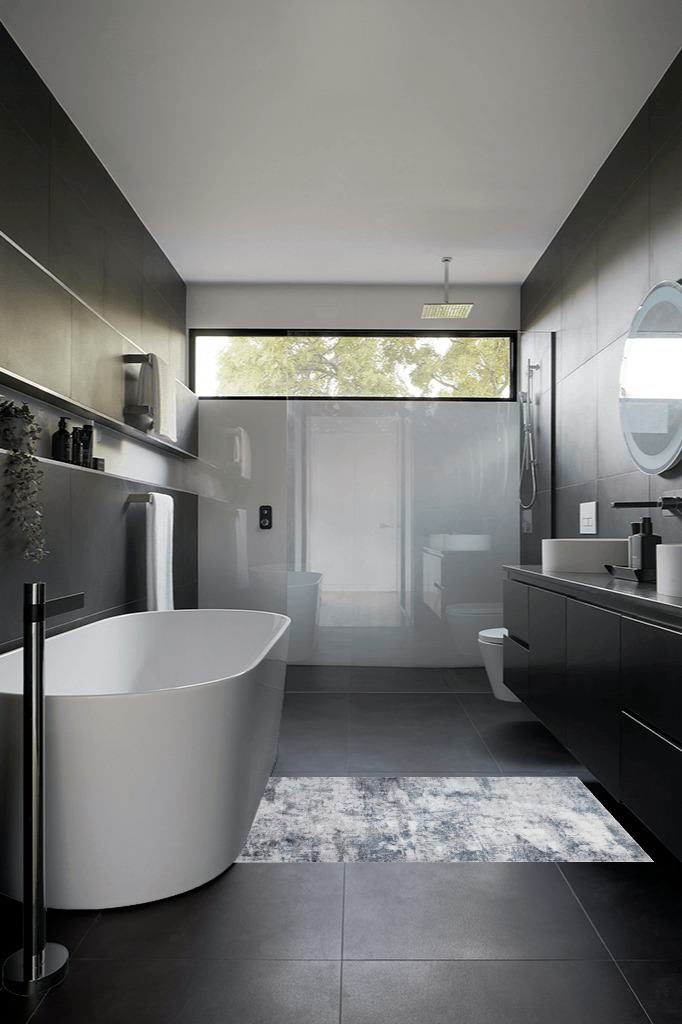 Gray/Blue Abstract & Modern Super Soft, Non-Slip, Easy to Clean, Fade Resistant Area Rug in Black Modern Bathroom