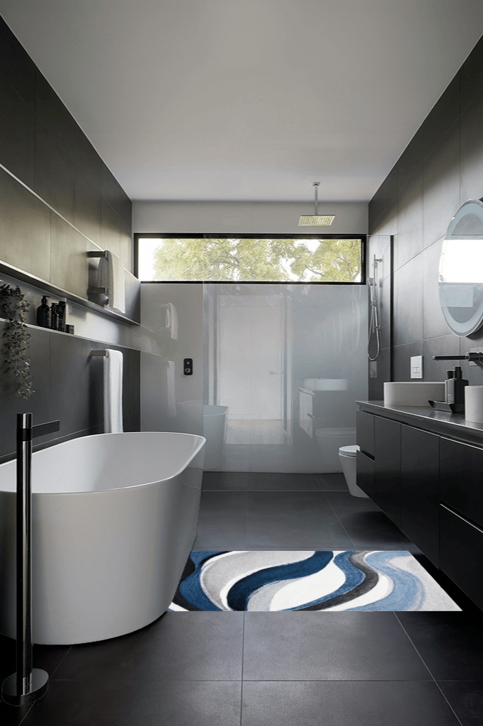 Tornillo Abstract Gray/Blue Area Rug Orren Ellis Rug Size: Rectangle 2'7 in Black Modern Bathroom