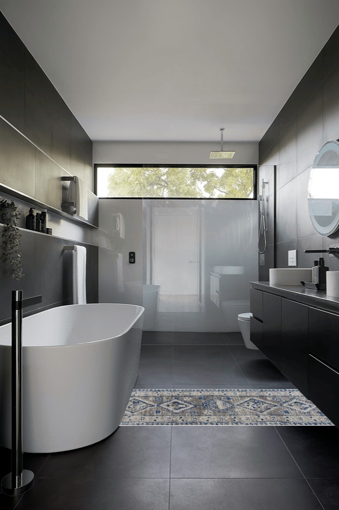 Tribal Geometric Blue Multicolor Runner in Black Modern Bathroom