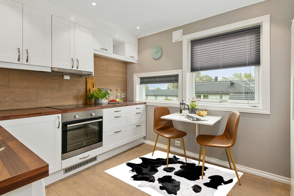 Black and White Cowhide Rug Natural Cow Skin Cow Hide Leather Area Rug Hair On, 5 ft X 4 ft Premium Black White Shed Free Natural Hide in Wood and White Small Kitchen
