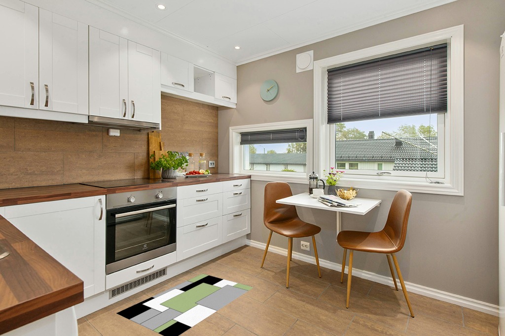 Green Black Geometric Area Rugs in Wood and White Small Kitchen