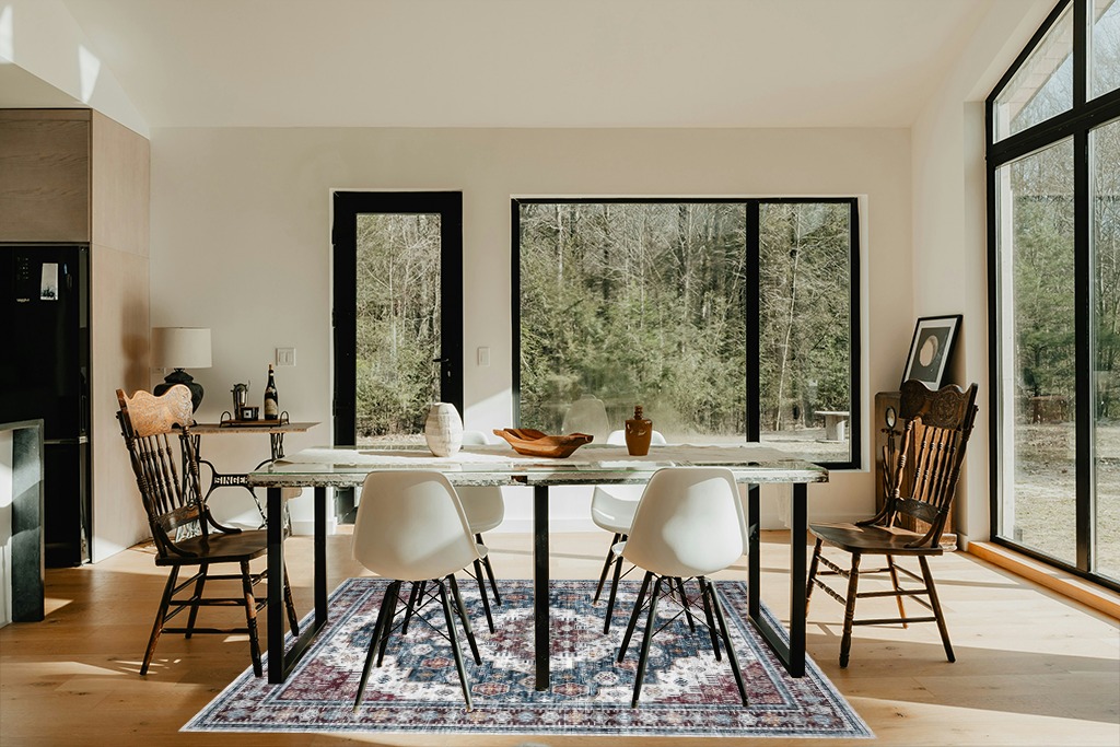 Washable Rug Living Room Rugs: 5x7 Area Rug Large Boho Medallion Distressed Carpets Indoor Soft Floor Anti Slip Carpet for Under Dining Table Bedroom Farmhouse Home Office - Red/Blue in Modern Scandinavian Dining Room with Black Accents