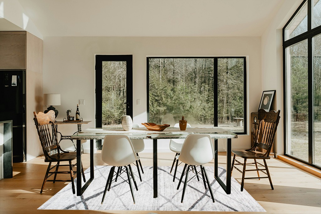 ‎Grey ‎Contemporary ‎Non Slip ‎Kitchen, Bedroom, Living Room, Hallway, Dining Room ‎Area Rug in Modern Scandinavian Dining Room with Black Accents