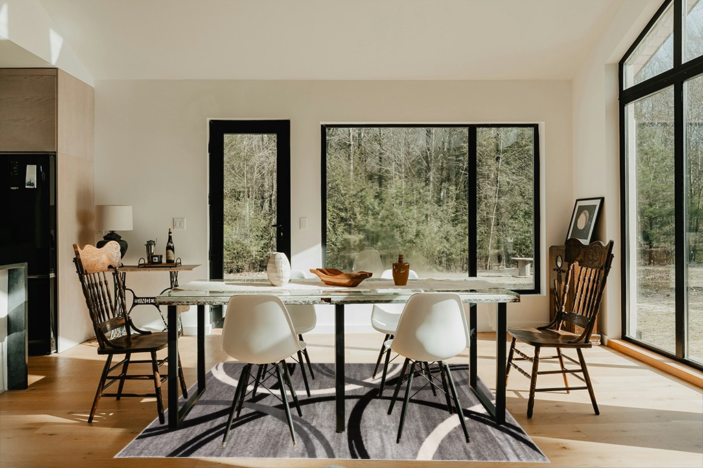 Grey Modern Non Slip Living room, Bedroom, Hallway, Office, Dorm, Kitchen, Dining room Area Rug in Modern Scandinavian Dining Room with Black Accents