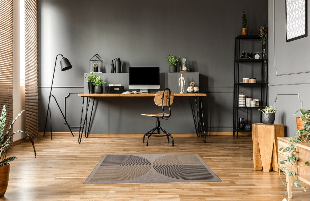 Lahome Modern Rainbow Easy Jute Rug, 4x6 Living Room Rug Washable Rugs for Bedroom Farmhouse Throw Rug, Contemporary Kitchen Dining Mat Non Slip Floor Carpet for Office Laundry Room Backyard in Grey Home office with Wooden Floor