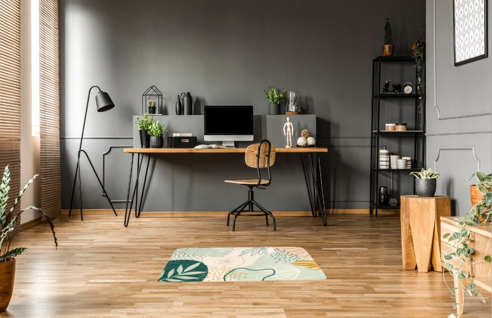 Botanical Print Small Rug Modern Abstract Non-Slip Minimalist Art Area Rug in Grey Home office with Wooden Floor