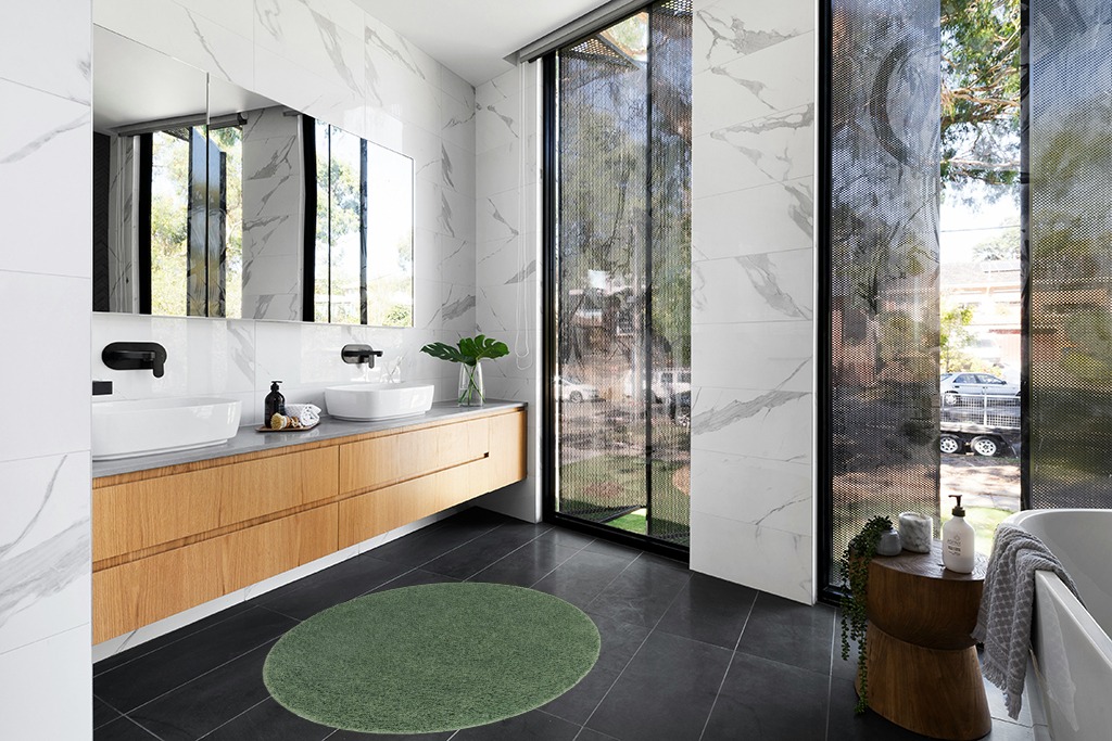 4 Ft Round Green fluffy rug in Modern Black Tiled bathroom