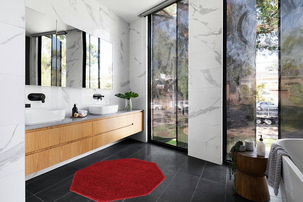 Everyday Shag Rug 4 Ft Octagon in Modern Black Tiled bathroom