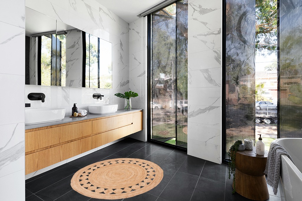 Natural Contemporary Living Room Area Rug in Modern Black Tiled bathroom