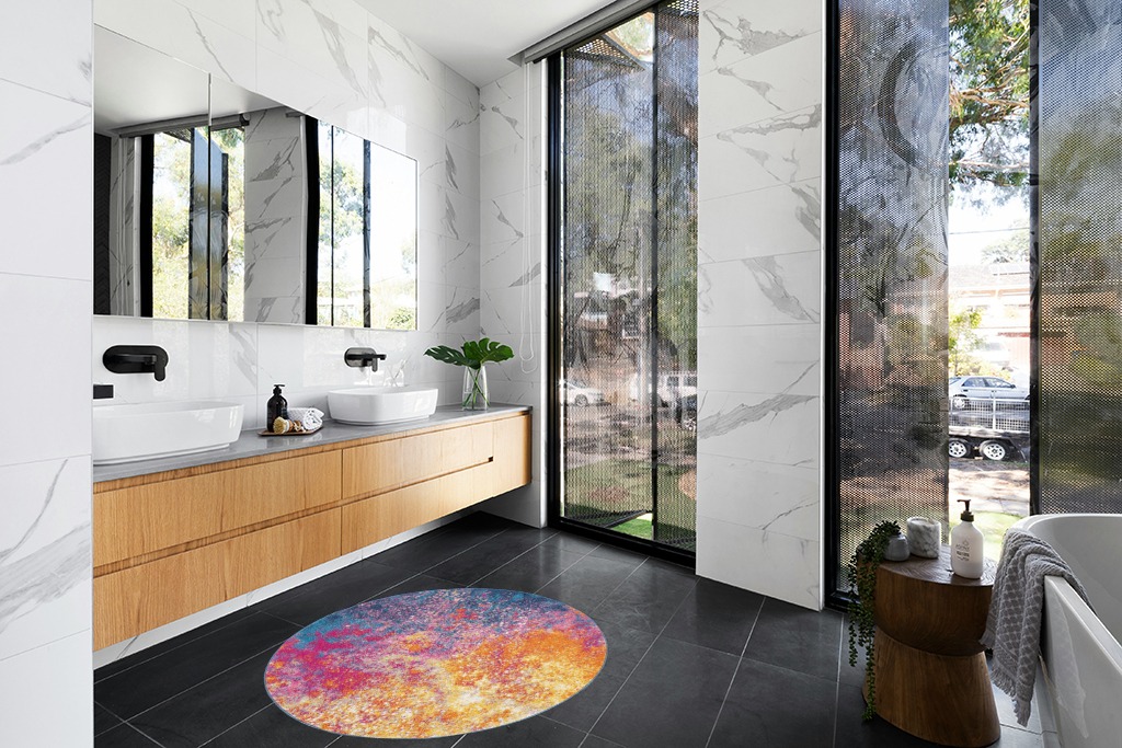 Round Modern Abstract Area Rug 4' in Modern Black Tiled bathroom