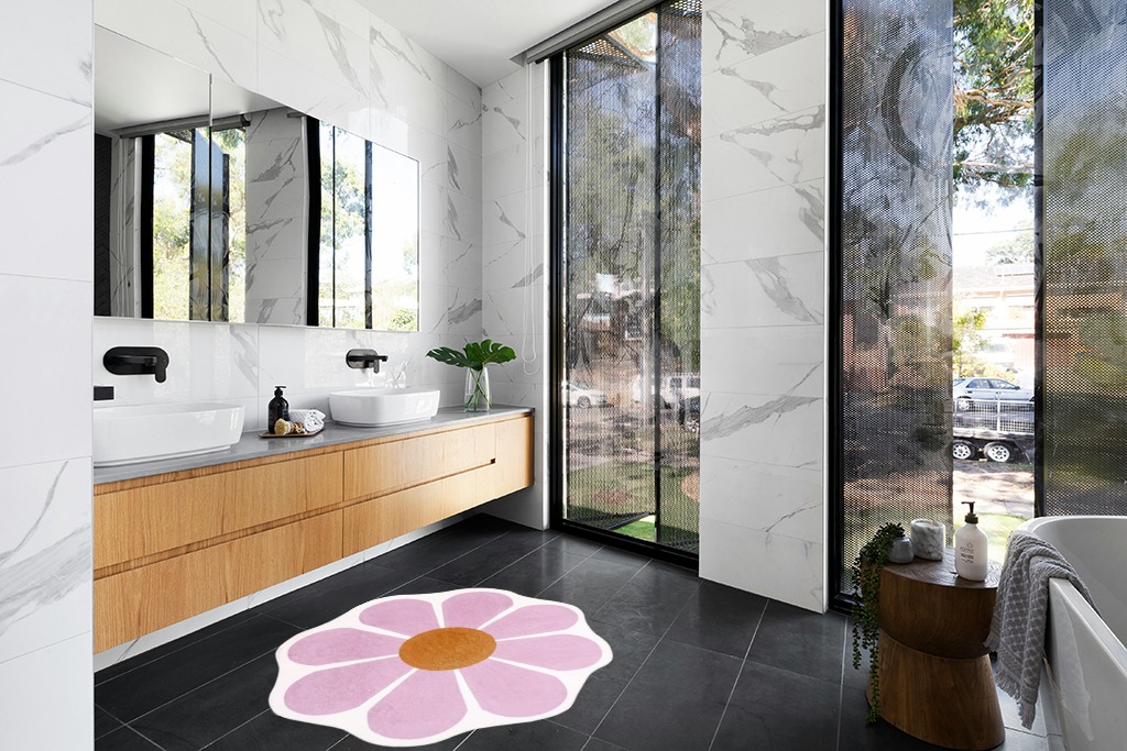 USTIDE Pink Flower Shaped Rug 47x47 Inch, Washable Flower Shaped Rug Soft Flower Rugs for Bedroom in Modern Black Tiled bathroom