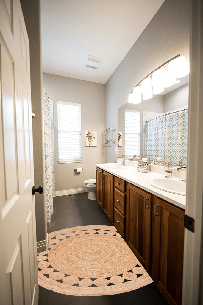 Natural Contemporary Living Room Area Rug in Wooden and Grey Bathroom