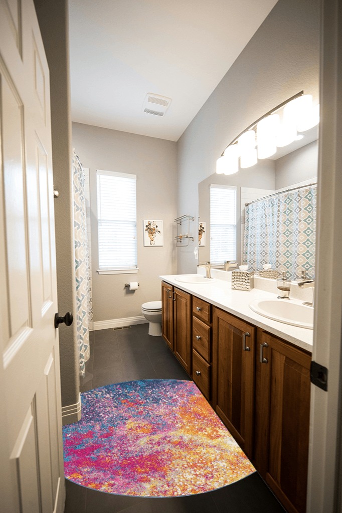 Round Modern Abstract Area Rug 4' in Wooden and Grey Bathroom
