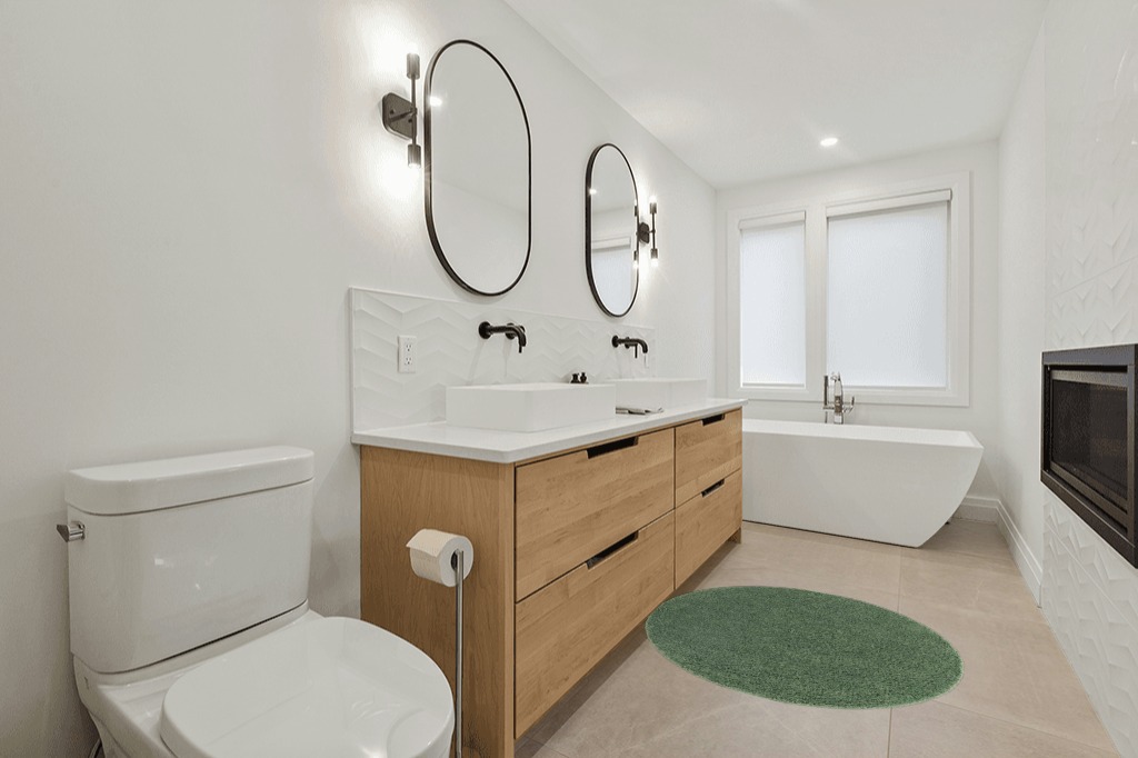 4 Ft Round Green fluffy rug in Scandinavian Neutral bathroom