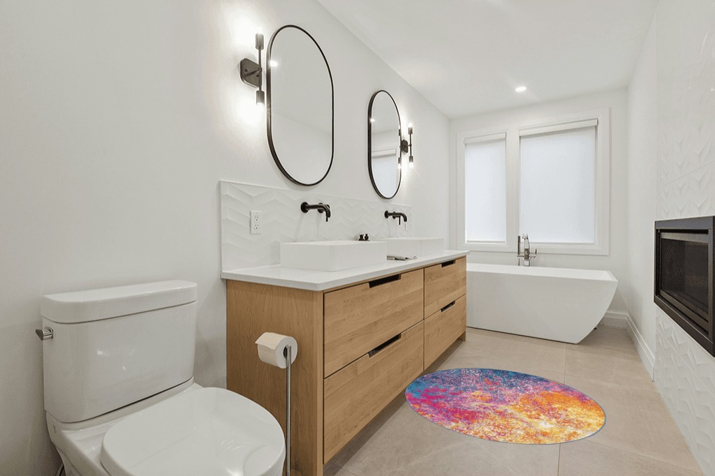 Round Modern Abstract Area Rug 4' in Scandinavian Neutral bathroom