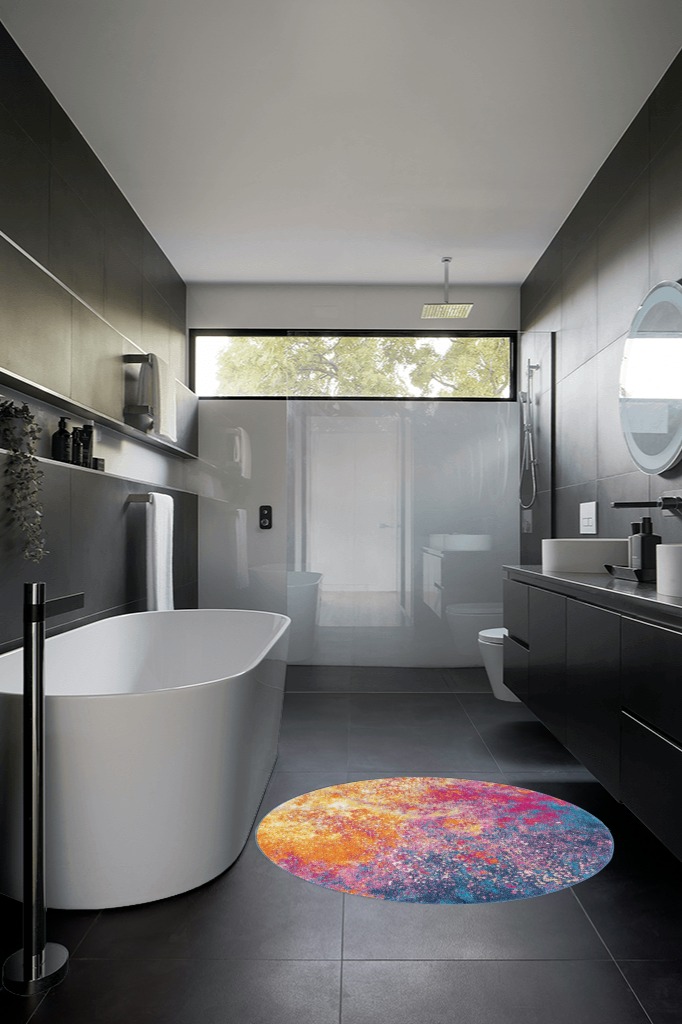 Round Modern Abstract Area Rug 4' in Black Modern Bathroom