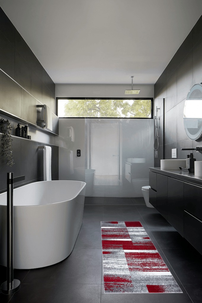 Art Deco Abstract Geometric Area Rug in Black Modern Bathroom