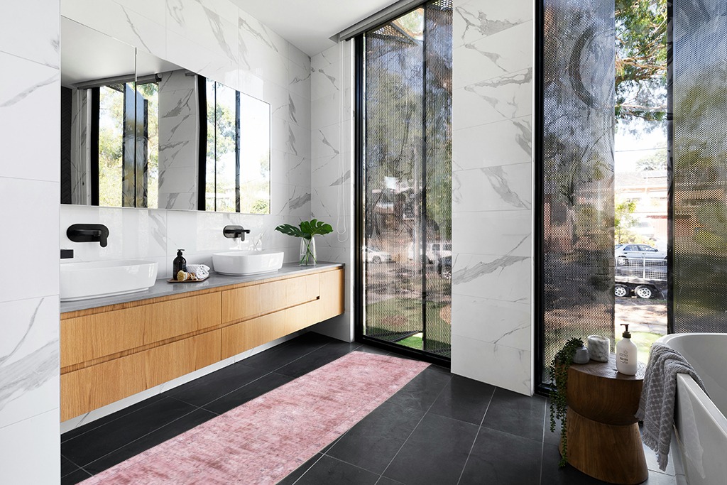 DECOMALL Runner Rug in Modern Black Tiled bathroom