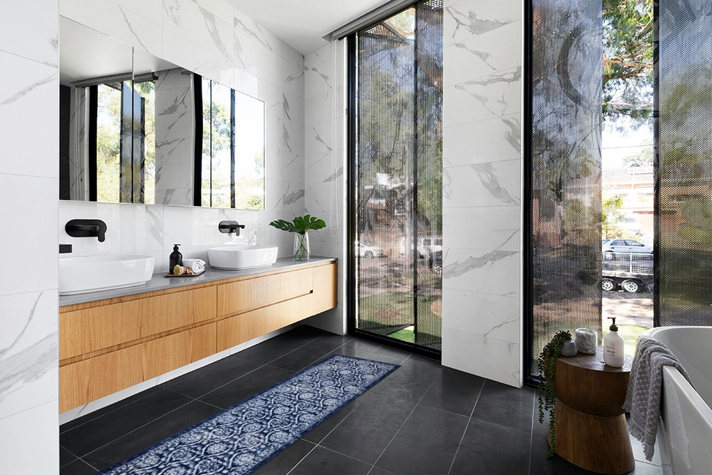 Antep Rugs Alfombras Non-Skid (Non-Slip) Rug in Modern Black Tiled bathroom