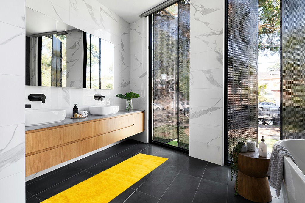 Yellow, 2 x 6 Feet fluffy rug in Modern Black Tiled bathroom