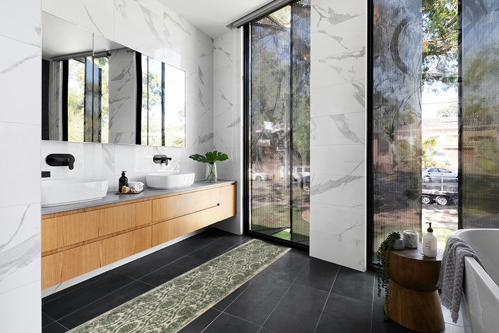 Antep Rugs Alfombras in Modern Black Tiled bathroom