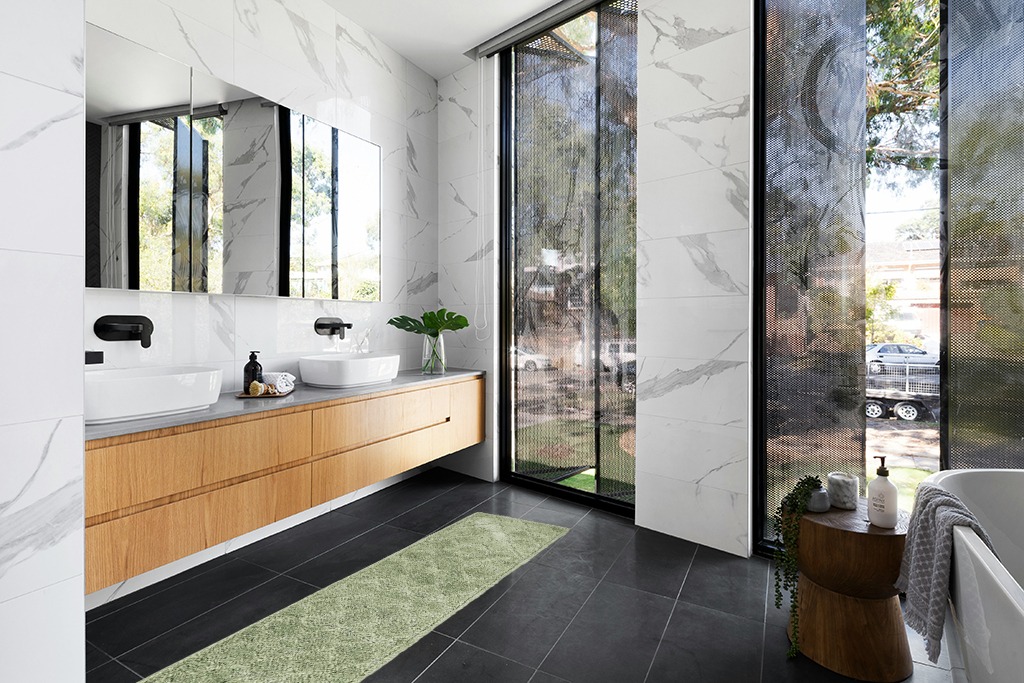 Unique Loom Trellis Shag Collection Plush Geometric Modern Moroccan Lattice Green Runner Rug in Modern Black Tiled bathroom