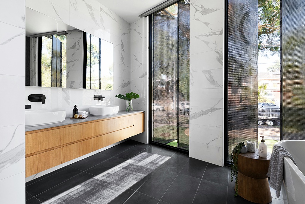 Rugshop Contemporary Distressed Design Soft Runner Rug 2'x7' Gray in Modern Black Tiled bathroom