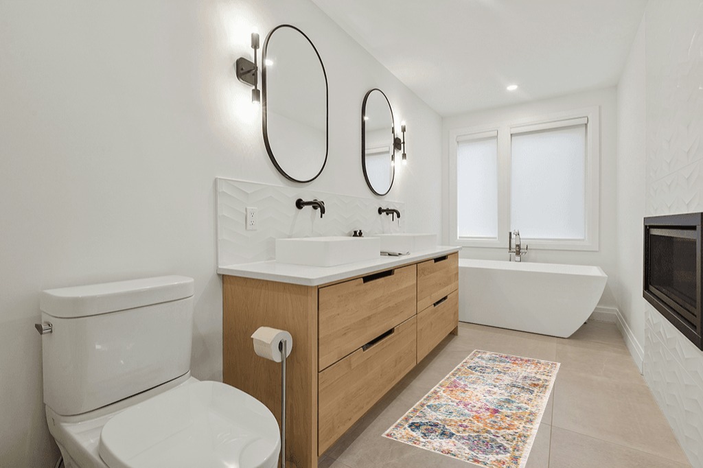 Cream/Multi Rug Non shedding, Stain Resistant, Pet friendly Living Room Runner in Scandinavian Neutral bathroom