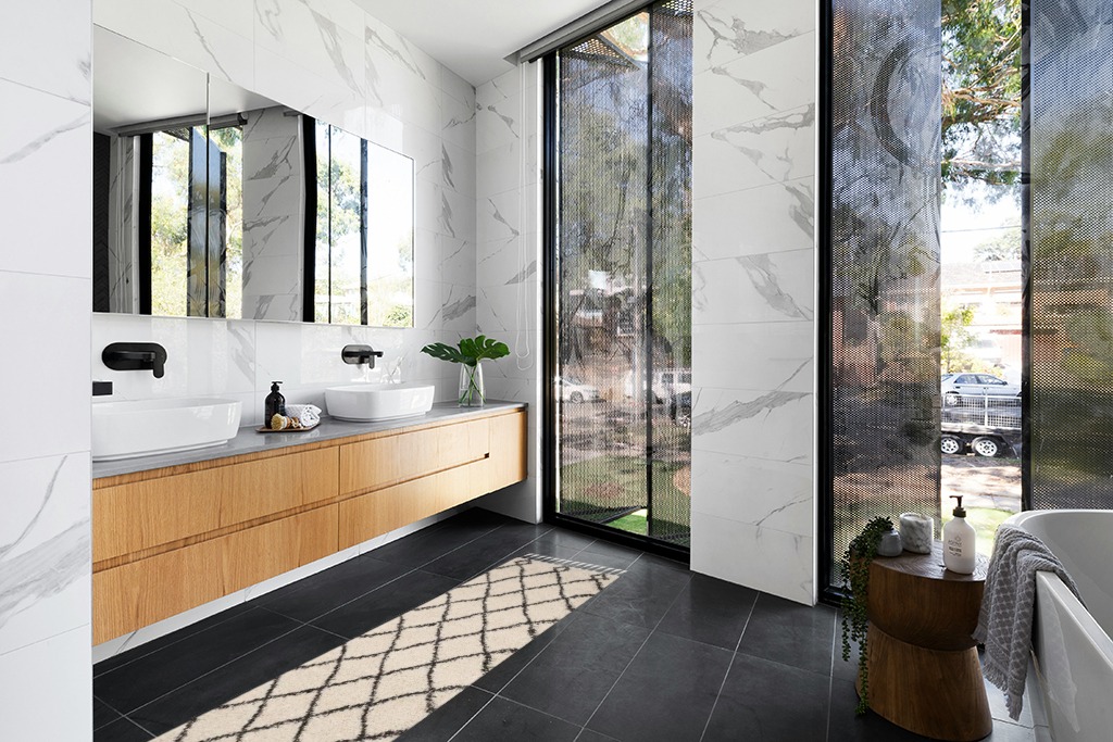 Purtell Abstract Cream/Charcoal Area Rug Foundstone Rug Size: Runner 2'3" x 7' in Modern Black Tiled bathroom