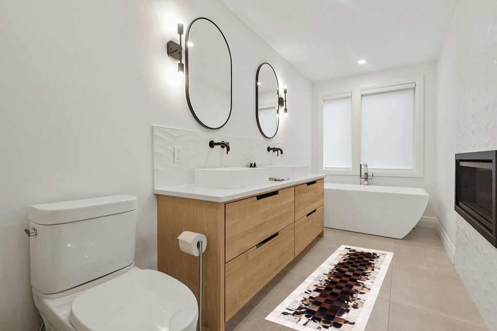 SAFAVIEH Studio Leather Collection 2'3" x 7' Ivory / Dark Brown STL215B Handmade Mid-Century Modern Leather Runner Rug in Scandinavian Neutral bathroom