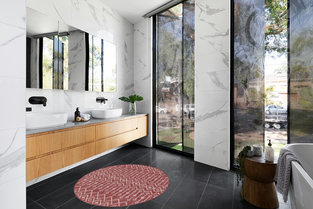 Unique Loom Outdoor Trellis Collection Area Rug - Tribal Trellis (4' 1" Round, Rust Red/ Ivory) in Modern Black Tiled bathroom