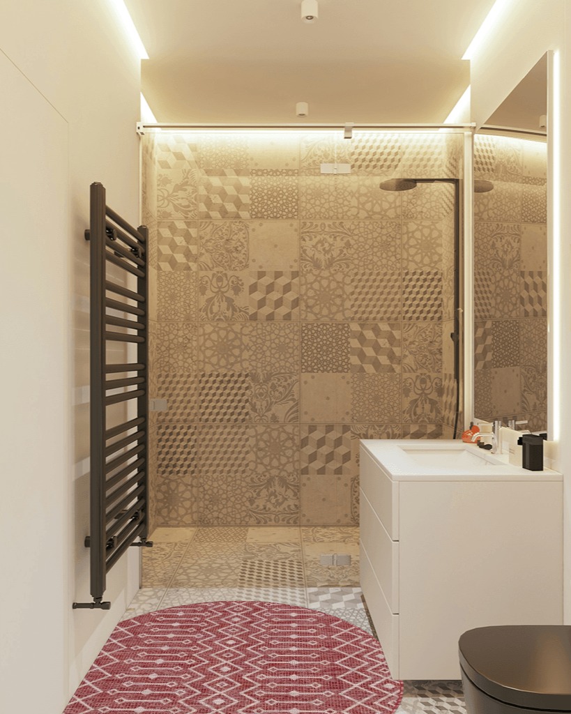 Unique Loom Outdoor Trellis Collection Area Rug - Tribal Trellis (4' 1" Round, Rust Red/ Ivory) in White Tiled Bathroom
