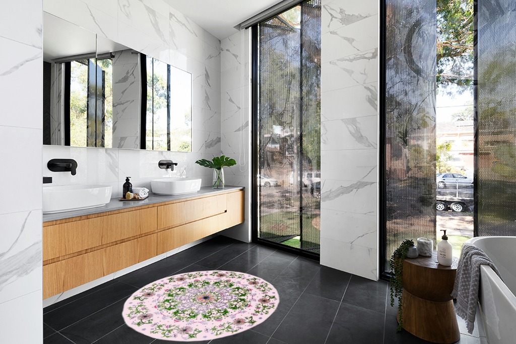 Abeigoi Persian Floral Rug 4Ft Round Lotus Bedroom Carpet Oriental Accent Rug for Living Room Girls Room Flowers Collection Medallion Area Rug Nonslip Boho Floor Mat Soft Rustic Farmhouse Rug, Pink in Modern Black Tiled bathroom