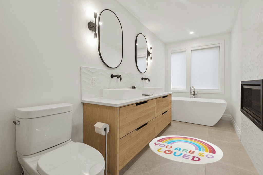 Topotdor Rainbow Round Rug for Girls Bedroom,Colorful Boho Decor Nursery Area Rug,Ultra Soft Machine Washable Kids Play Mat,47" Round in Scandinavian Neutral bathroom