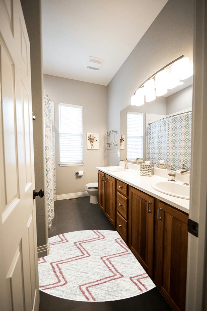 Well Woven Merri Pink Ivory Geometric Stripes Pattern Stain-Resistant Area Rug (4' Round) in Wooden and Grey Bathroom