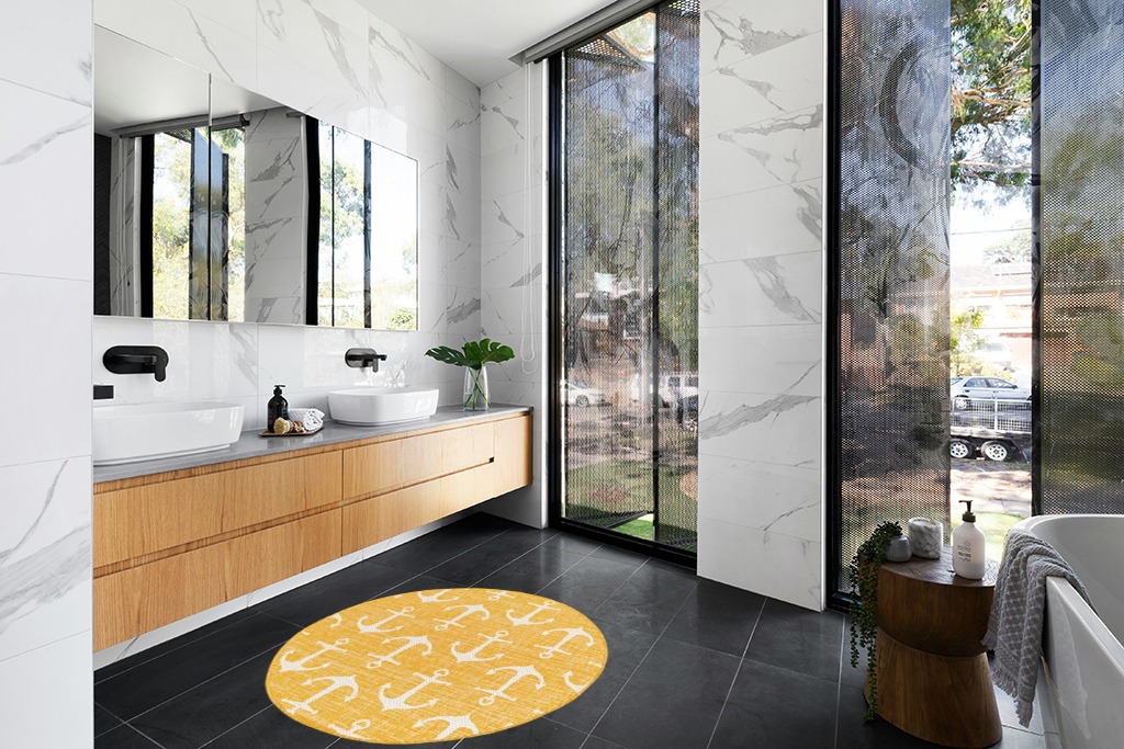 Unique Loom Outdoor Coastal Collection Area Rug - Ahoy (4' 1" Round, Yellow) in Modern Black Tiled bathroom