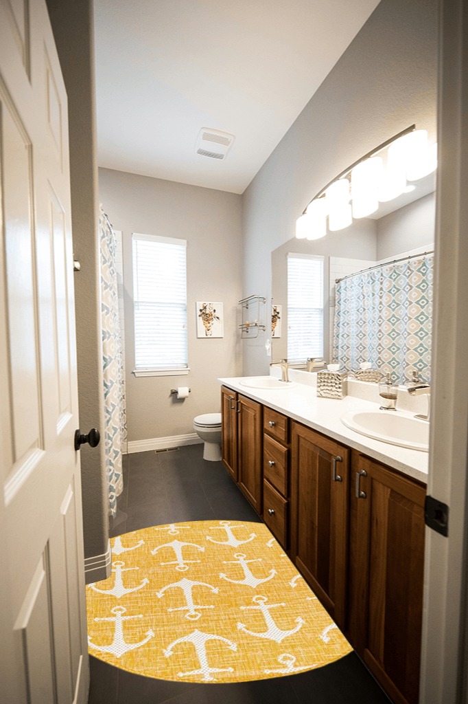 Unique Loom Outdoor Coastal Collection Area Rug - Ahoy (4' 1" Round, Yellow) in Wooden and Grey Bathroom