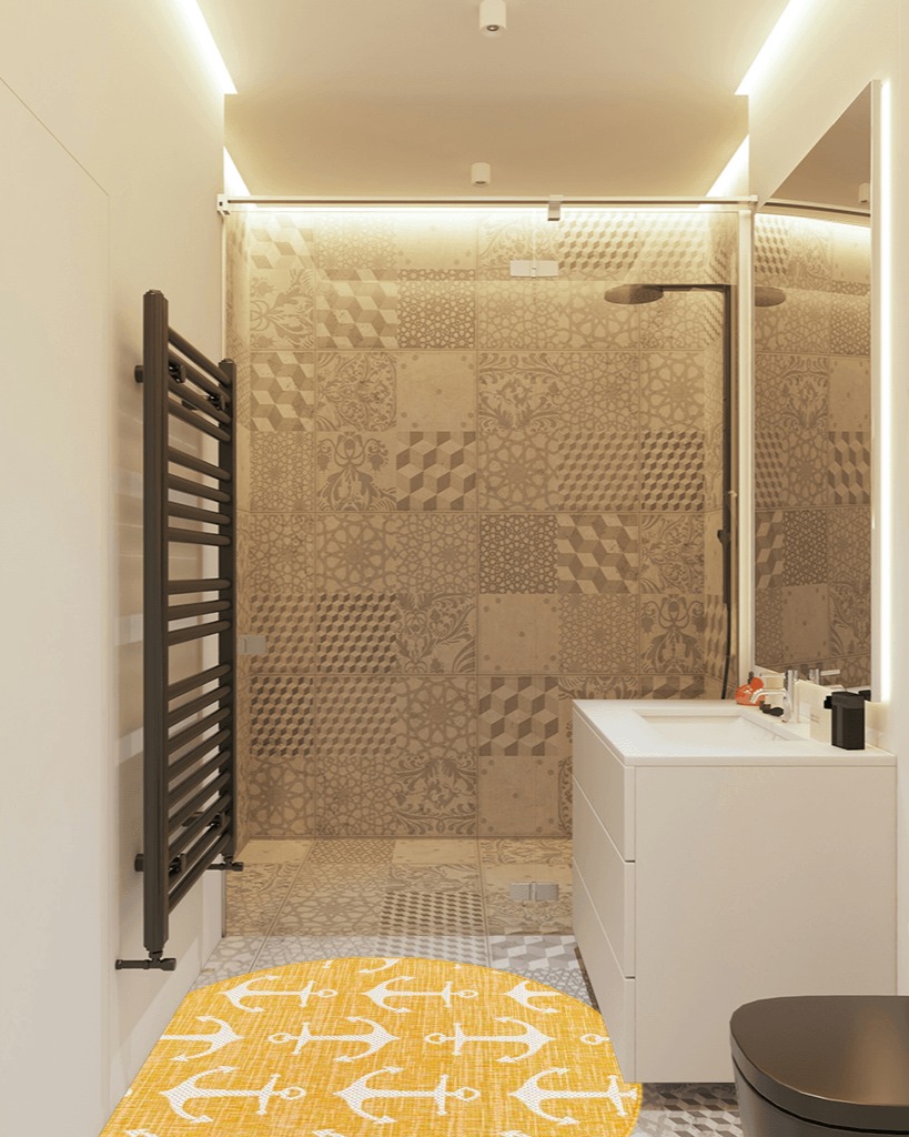 Unique Loom Outdoor Coastal Collection Area Rug - Ahoy (4' 1" Round, Yellow) in White Tiled Bathroom
