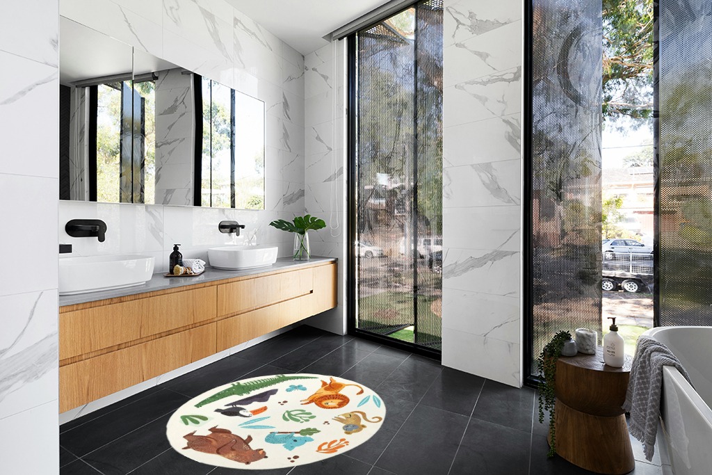 LIULA Round Rug,Cute Animals Large Non Slip Super Soft Plush Area Rug for Kids ... in Modern Black Tiled bathroom