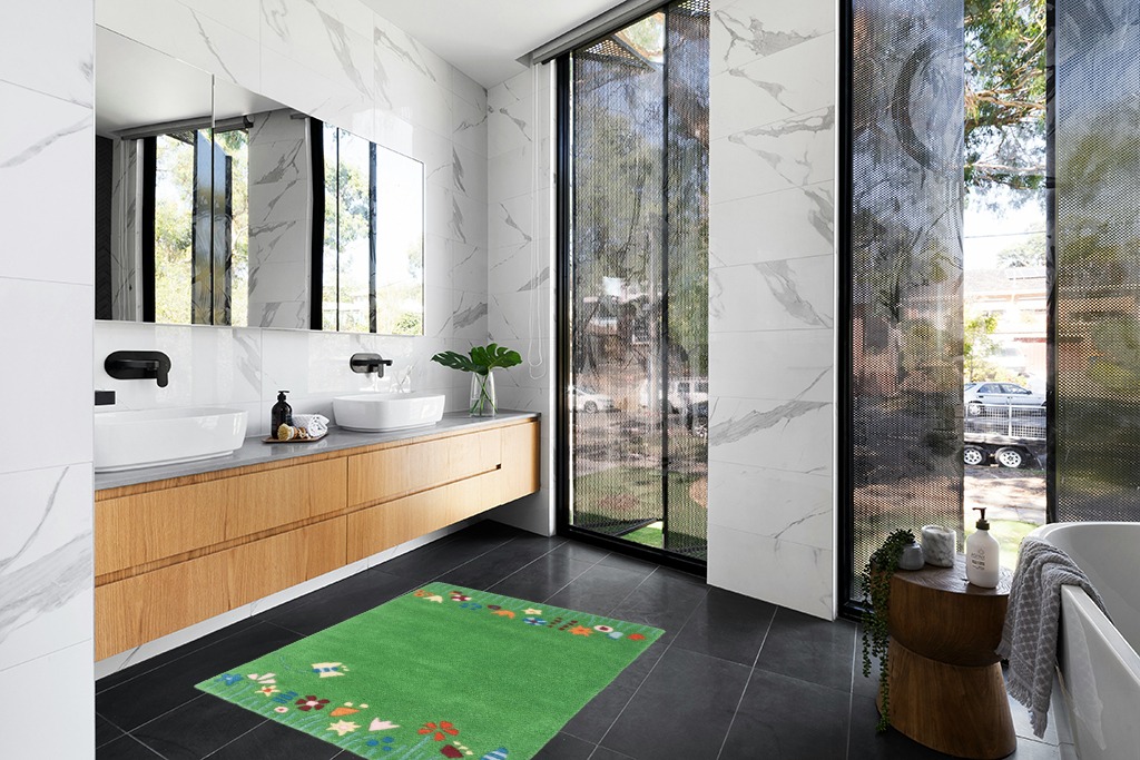 SAFAVIEH Kids Collection Area Rug - 4' Round, Green & Multi, Handmade Grass and Flowers Wool, Ideal for High Traffic Areas in Living Room, Bedroom (SFK751A) in Modern Black Tiled bathroom