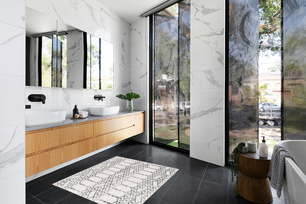 Julienne Geometric Ivory/Black Area Rug Foundstone Rug Size: Square 4'1" in Modern Black Tiled bathroom