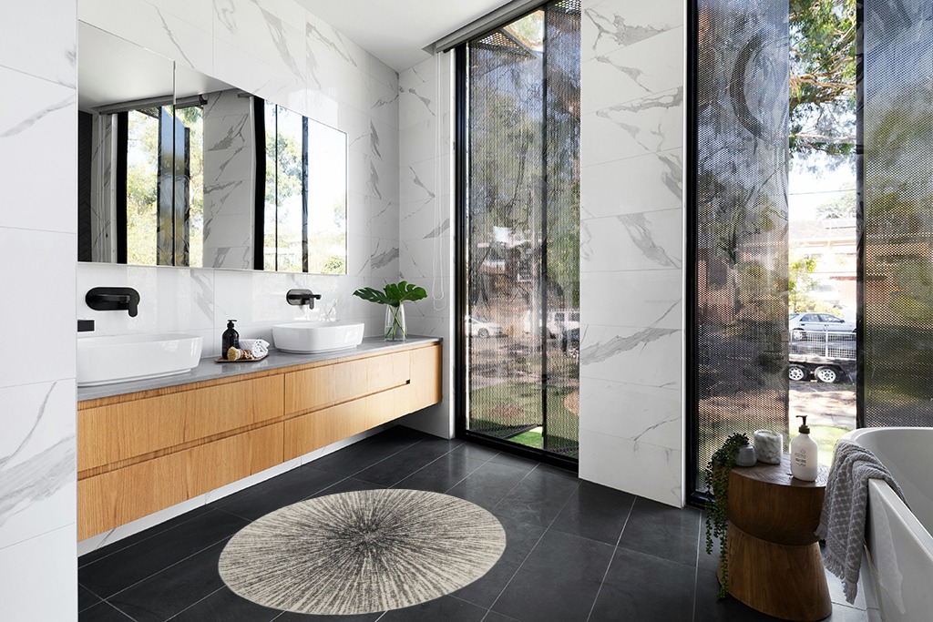 Abstract Black/Ivory Area Rug Wrought Studio Rug Size Round 4' in Modern Black Tiled bathroom