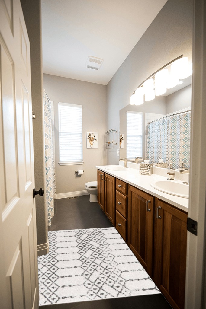 Julienne Geometric Ivory/Black Area Rug Foundstone Rug Size: Square 4'1" in Wooden and Grey Bathroom