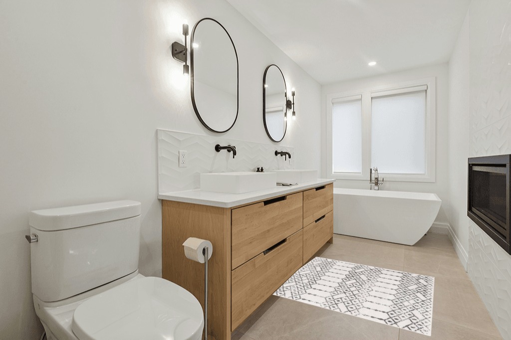 Julienne Geometric Ivory/Black Area Rug Foundstone Rug Size: Square 4'1" in Scandinavian Neutral bathroom