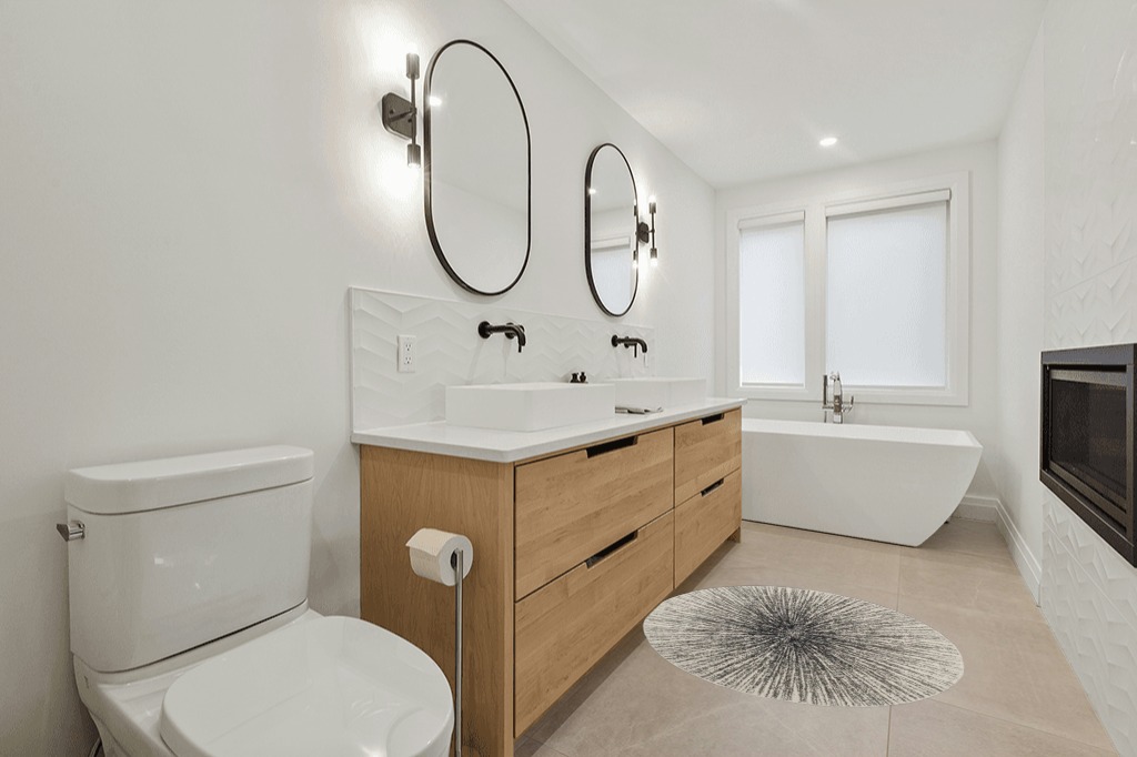 Abstract Black/Ivory Area Rug Wrought Studio Rug Size Round 4' in Scandinavian Neutral bathroom