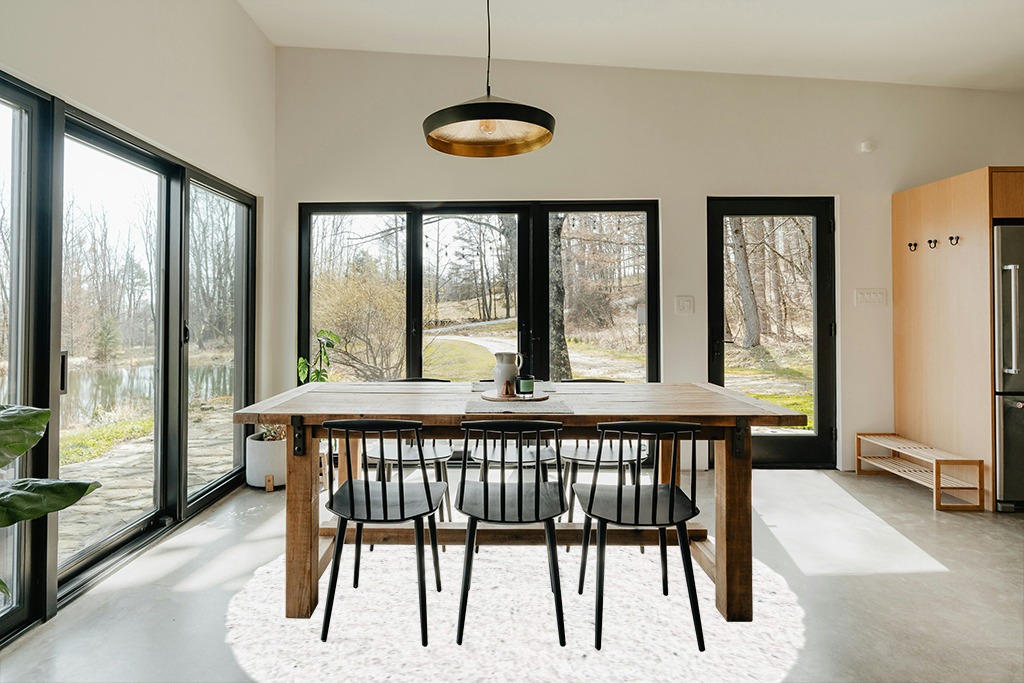 White 8 Ft Round  Shag Rug in Scandinavian Dining Room with Rectangular Table